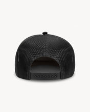 Load image into Gallery viewer, Back of black trucker hat with an adjustable strap.