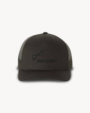 Load image into Gallery viewer, A black trucker hat with an adjustable strap and a logo on the front.