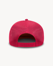 Load image into Gallery viewer, Back of red trucker hat with small logo embroidered in the back.