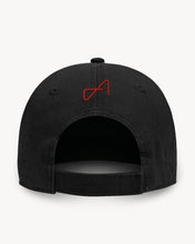 Load image into Gallery viewer, Back of black baseball cap with a Velcro back closure, featuring a small red embroidered logo.