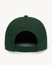 Load image into Gallery viewer, Back of green baseball cap with a Velcro back closure, featuring a small red embroidered logo.