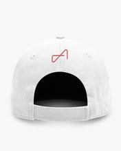 Load image into Gallery viewer, Back of a white baseball cap with a small red and black logo on the back.