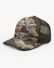 Load image into Gallery viewer, A camouflage-style hat with a structured front panel, low-fitting design, and a red logo 'THE AGENCY' on the front.