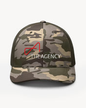 Load image into Gallery viewer, A camouflage-style hat with a structured front panel, low-fitting design, and a red logo 'THE AGENCY' on the front.