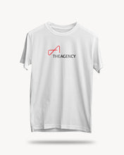 Load image into Gallery viewer, A white unisex crew neck t-shirt with a logo of 'THE AGENCY' printed in black on the front.