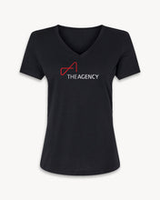 Load image into Gallery viewer, A black women's v-neck t-shirt with the brand name 'THE AGENCY' printed in white letters on the front.