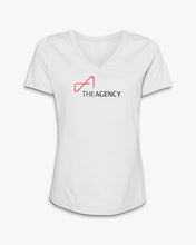 Load image into Gallery viewer, A white women's v-neck t-shirt with the brand name 'THE AGENCY' printed in black letters on the front.