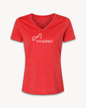 Load image into Gallery viewer, A red women's v-neck t-shirt with the brand name 'THE AGENCY' printed in white letters on the front.